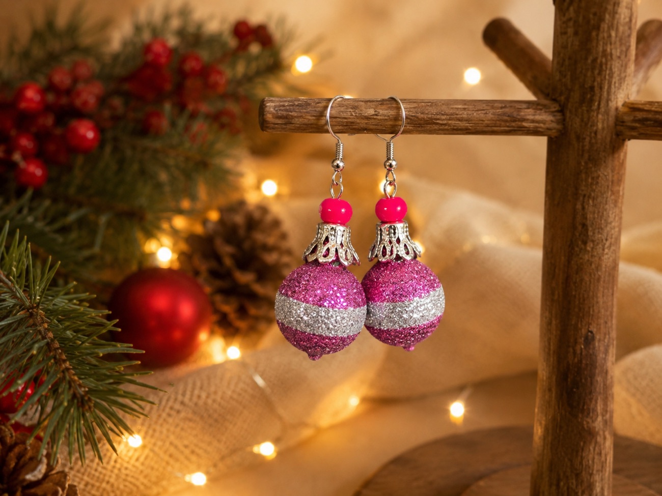 Par de aretes de esfera rosa con plata