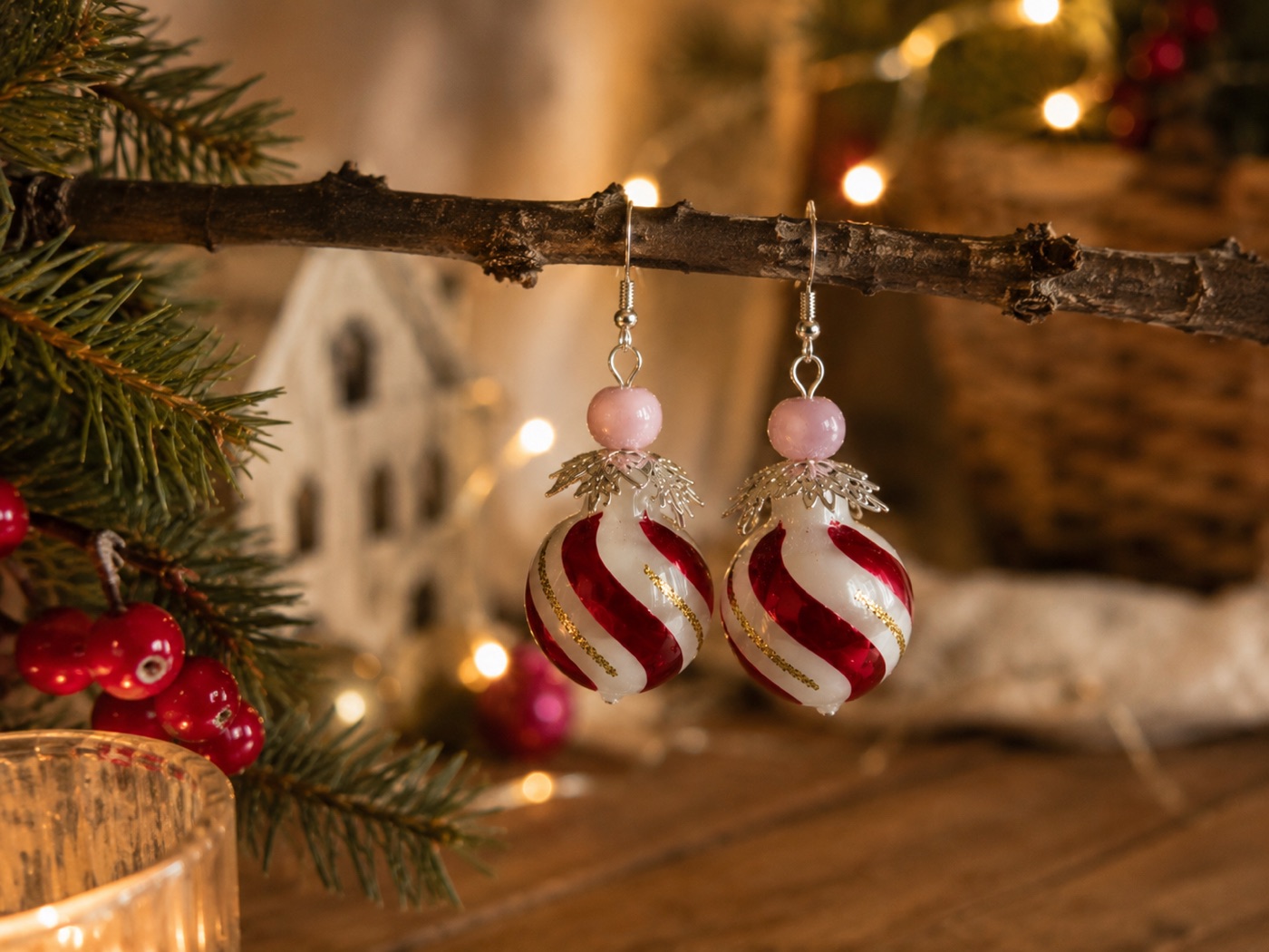 Aretes de esfera rojos y blancos junto a un árbol de Navidad